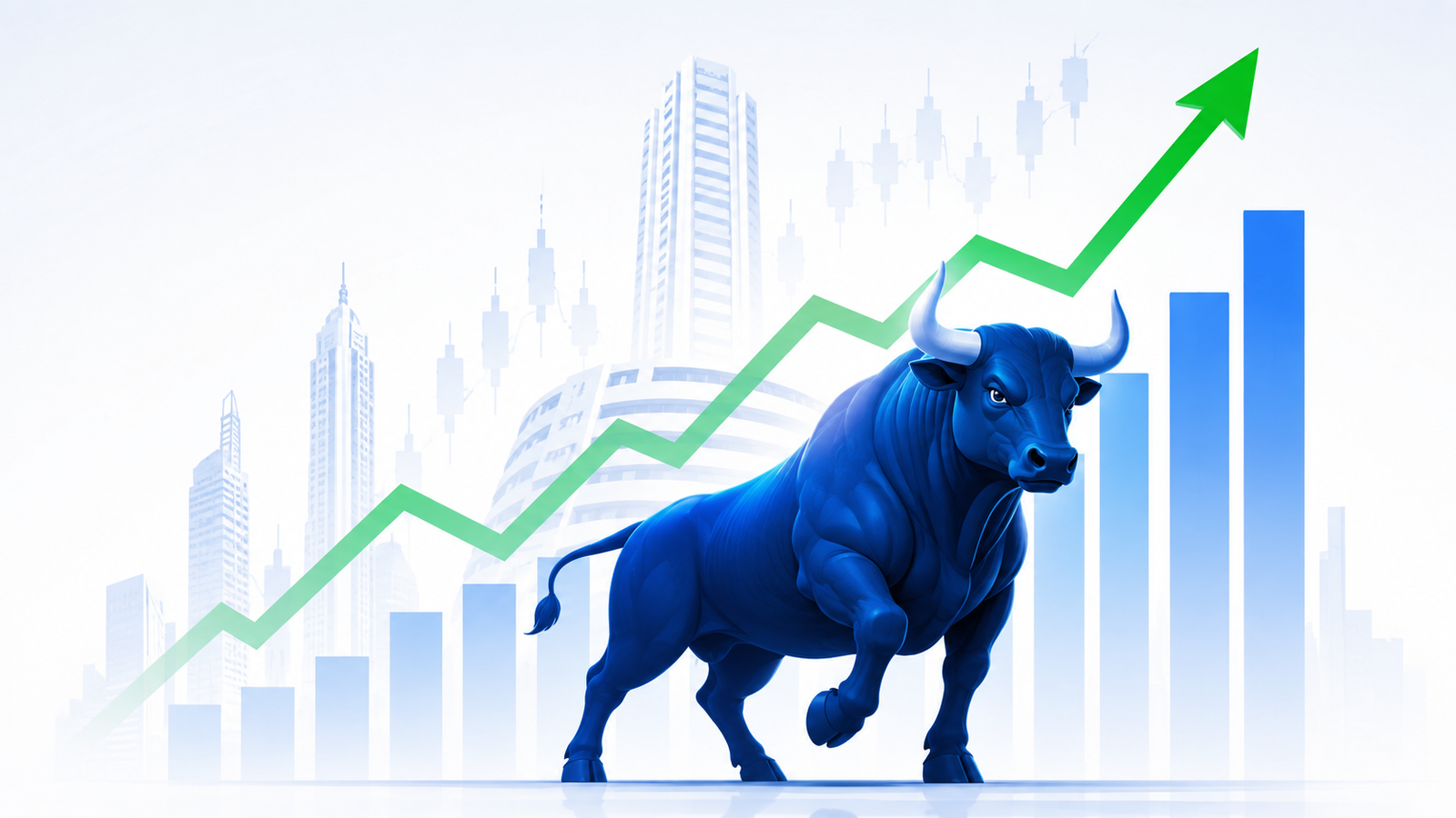 Bull market illustration with rising stock chart representing long-term stock investing