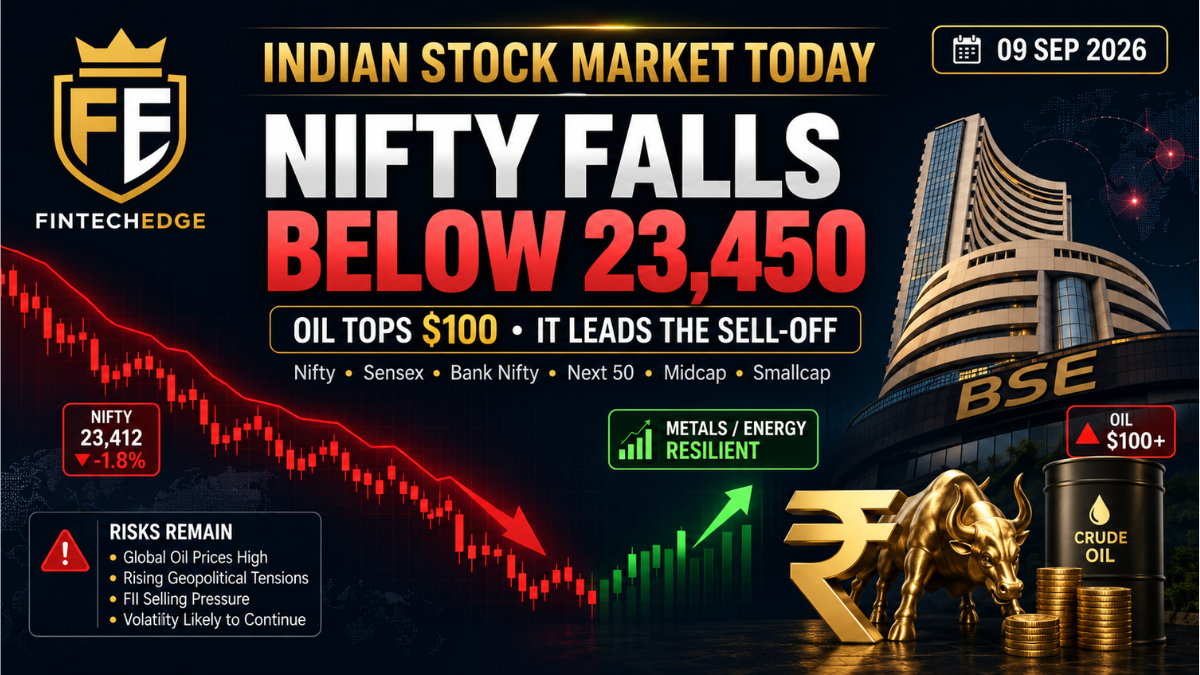 Indian stock market today with Nifty falling below 23,450 as crude oil tops $100 and IT stocks lead the sell-off on 9 September 2026