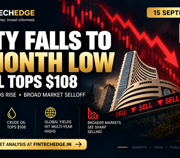 Indian stock market today on 15 September 2026, with Nifty falling to a five-month low as crude oil tops $108, global bond yields rise, and broader markets see sharp selling.