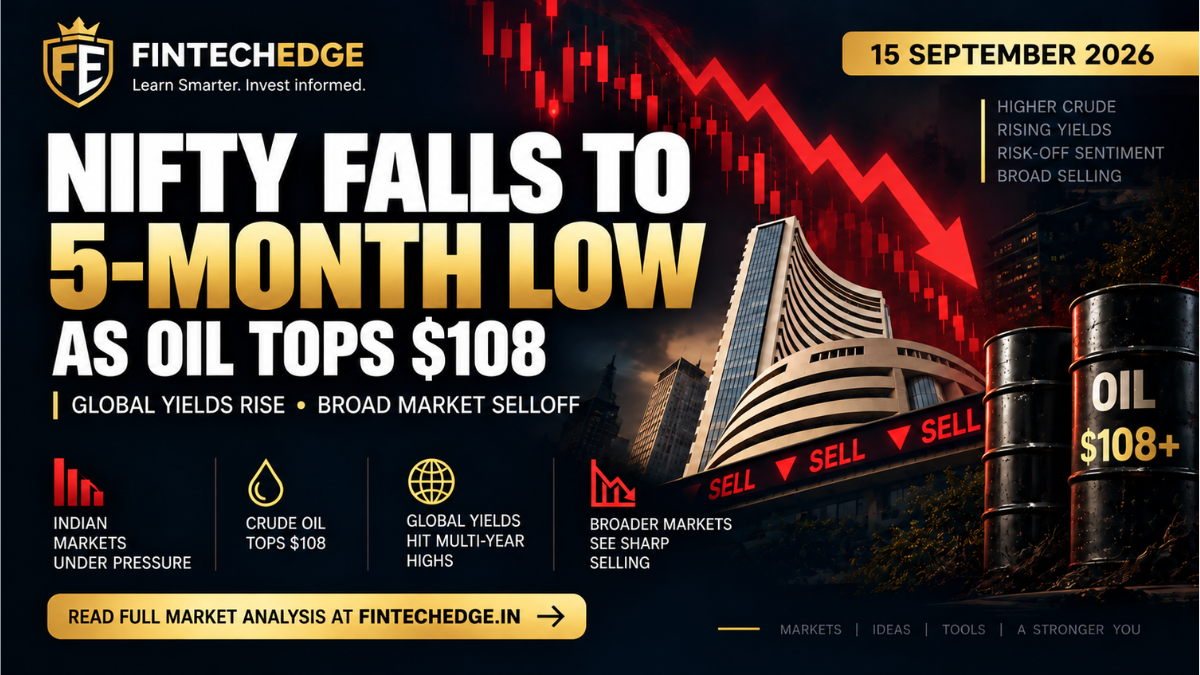 Indian stock market today on 15 September 2026, with Nifty falling to a five-month low as crude oil tops $108, global bond yields rise, and broader markets see sharp selling.