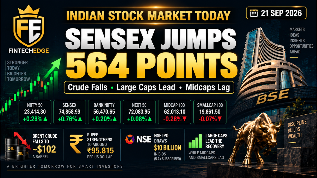 Indian stock market today on 21 September 2026 with Sensex up 564 points as crude oil falls and large caps lead while midcaps lag