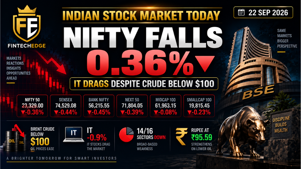 Indian stock market today on 22 September 2026 with Nifty down 0.36% as IT stocks fall despite Brent crude dropping below $100