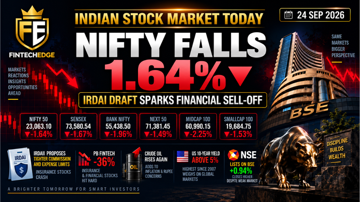Indian stock market today on 24 September 2026 with Nifty down 1.64% after IRDAI insurance proposals trigger a financial-sector sell-off