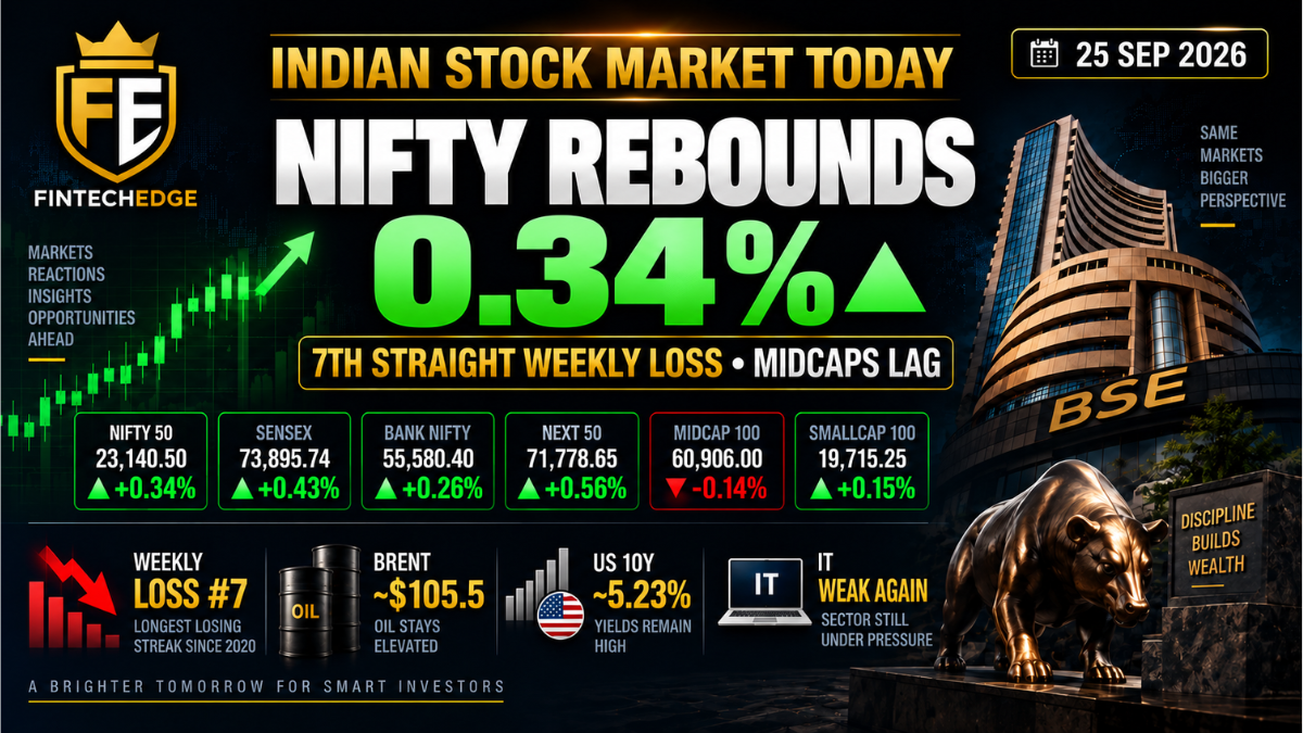 Indian stock market today on 25 September 2026 with Nifty rebounding 0.34% but recording a seventh consecutive weekly loss
