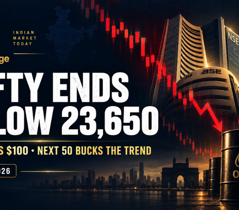 Indian stock market today with Nifty ending below 23,650 as crude oil nears $100 while Nifty Next 50 outperforms on 8 September 2026