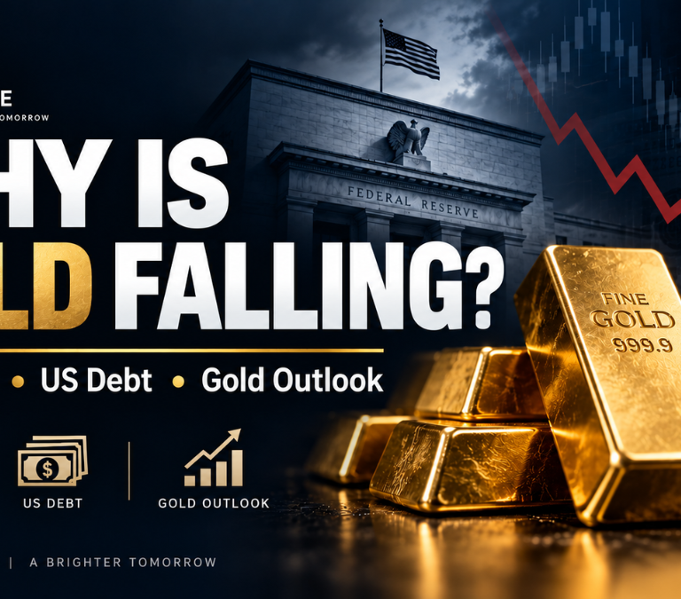 Why is gold falling in 2026? Gold bars, Federal Reserve building, US debt imagery and a falling market chart explaining the gold outlook.