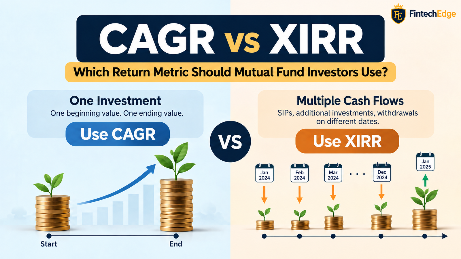 CAGR vs XIRR comparison showing CAGR for lump-sum investments and XIRR for multiple dated cash flows