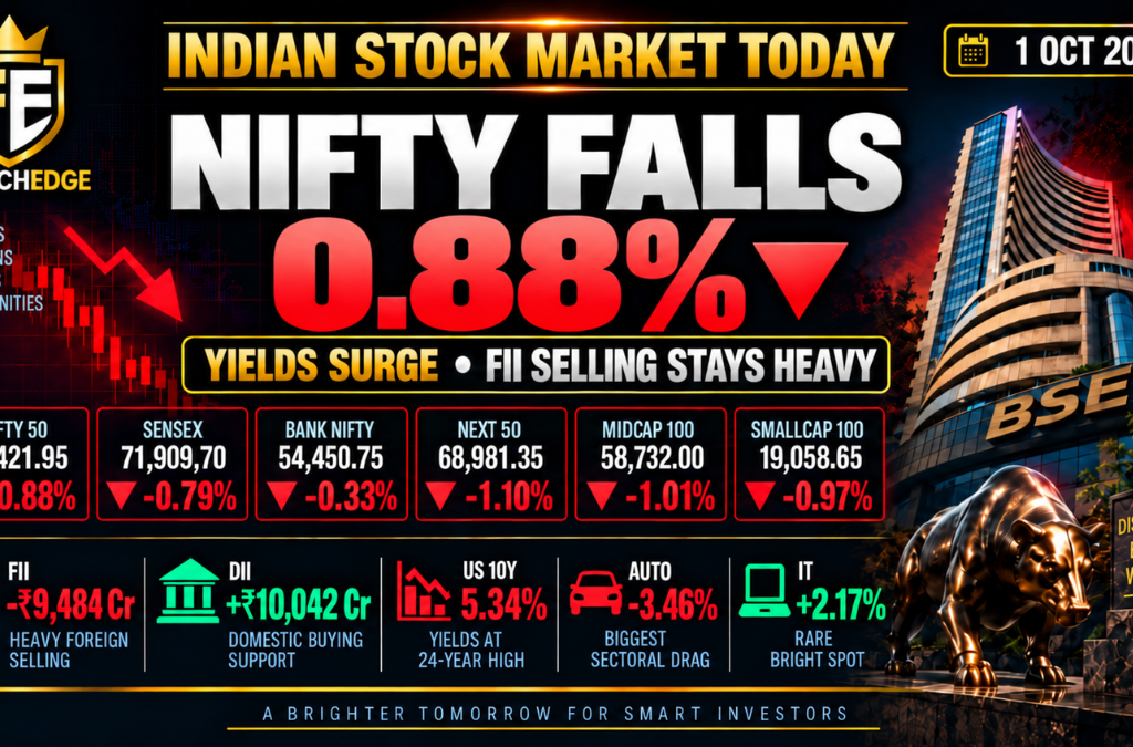 Indian stock market today on 1 October 2026 with Nifty down 0.88%, heavy FII selling, elevated US Treasury yields and IT outperforming.