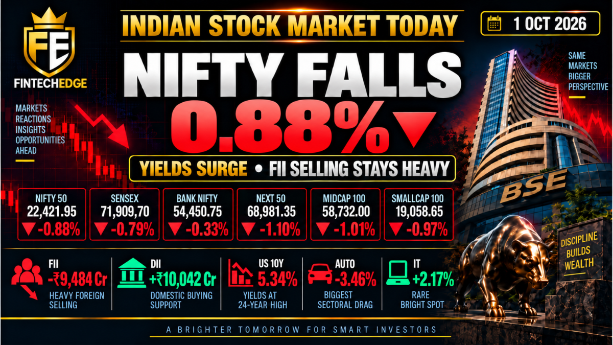 Indian stock market today on 1 October 2026 with Nifty down 0.88%, heavy FII selling, elevated US Treasury yields and IT outperforming.