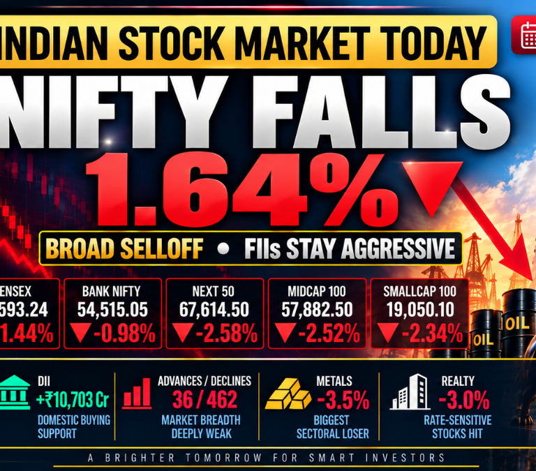 Indian stock market today on 8 October 2026 with Nifty down 1.64%, broader markets falling over 2%, heavy FII selling and oil above $103.