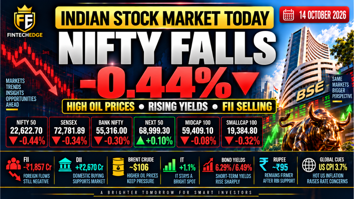 Indian stock market today on 14 October 2026 with Nifty down 0.44%, high oil prices and rising yields weighing on sentiment, while IT remains a relative bright spot.