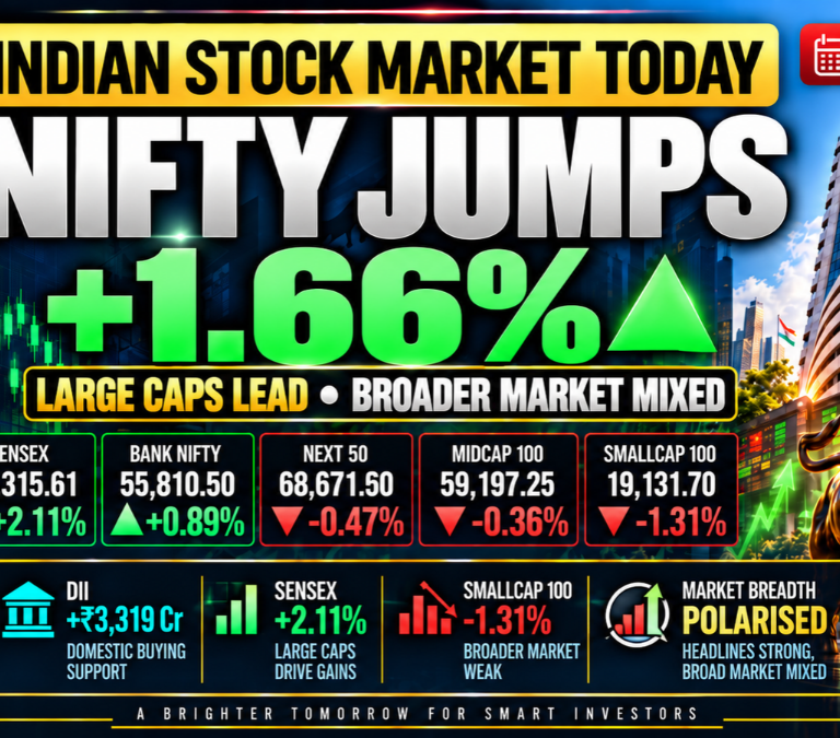 Indian stock market today on 15 October 2026 with Nifty up 1.66% and Sensex up 2.11%, while smallcaps fall 1.31% and FII selling continues