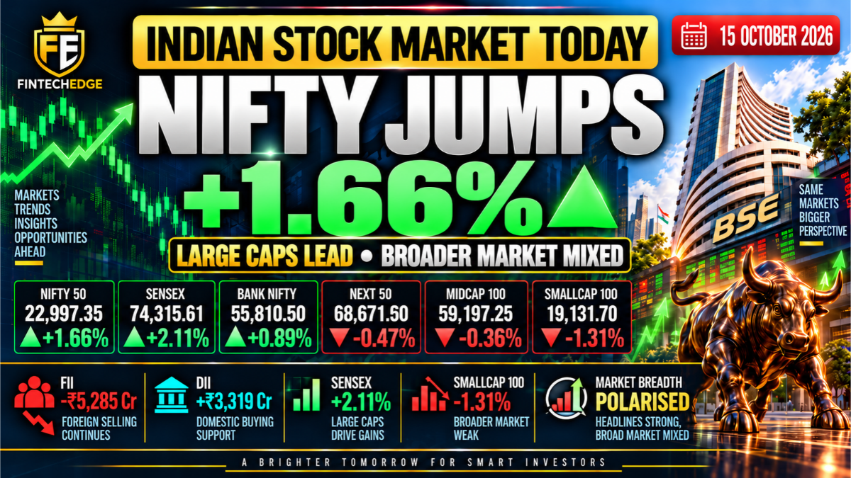 Indian stock market today on 15 October 2026 with Nifty up 1.66% and Sensex up 2.11%, while smallcaps fall 1.31% and FII selling continues