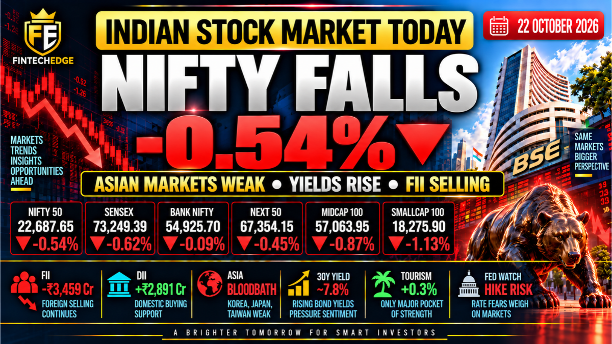 Indian stock market today on 22 October 2026 with Nifty down 0.54%, broader markets weak, FIIs selling, rising bond yields and Smallcap 100 falling 1.13%.