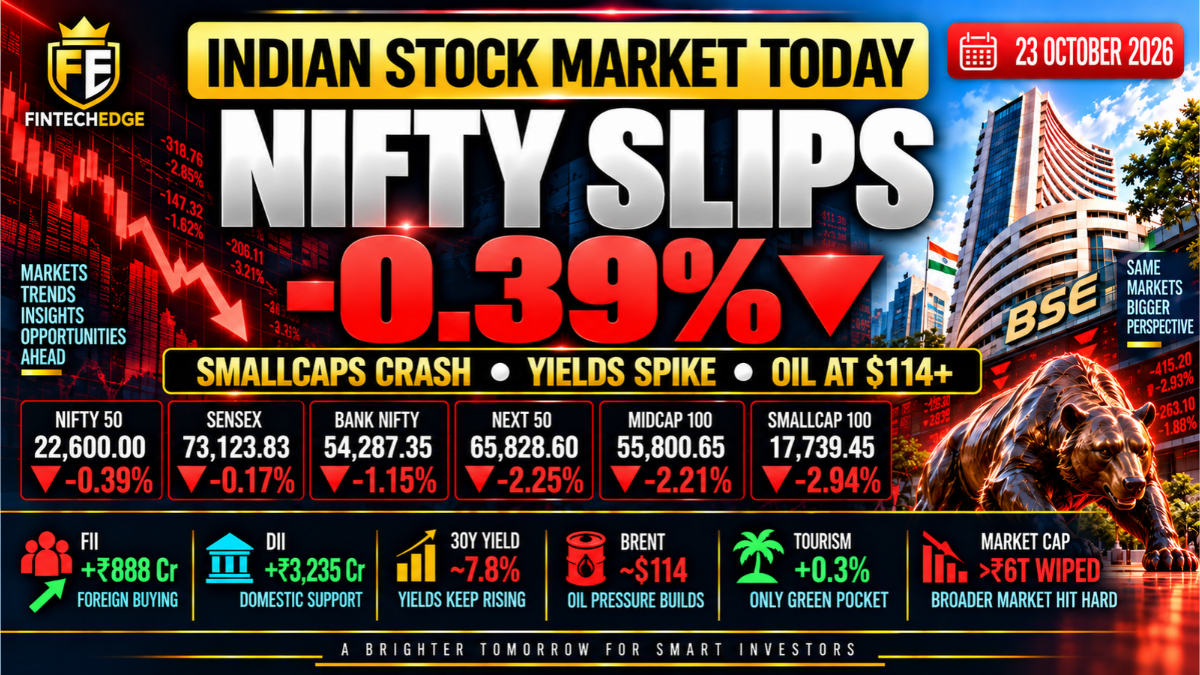 Indian stock market today on 23 October 2026 with Nifty down 0.39%, Smallcap 100 falling 2.94%, oil near $115 and Bank Nifty down 1.15%.