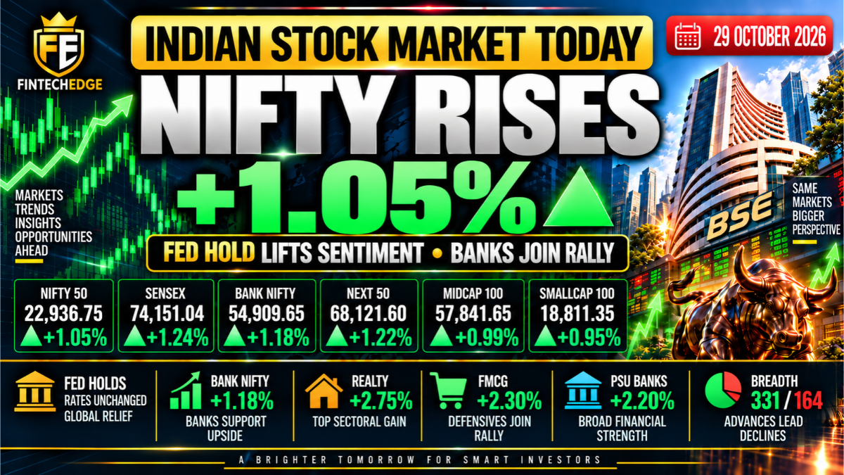 Indian stock market today on 29 October 2026 with Nifty up 1.05%, Sensex up 1.24%, Bank Nifty up 1.18% and broad market gains after the Fed held rates steady.