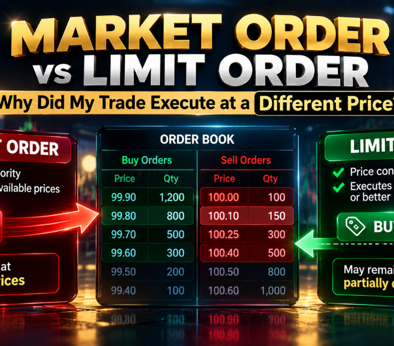 Market order vs limit order showing order book execution, price control and multiple fill prices