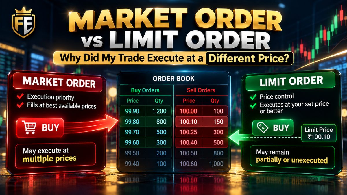 Market order vs limit order showing order book execution, price control and multiple fill prices