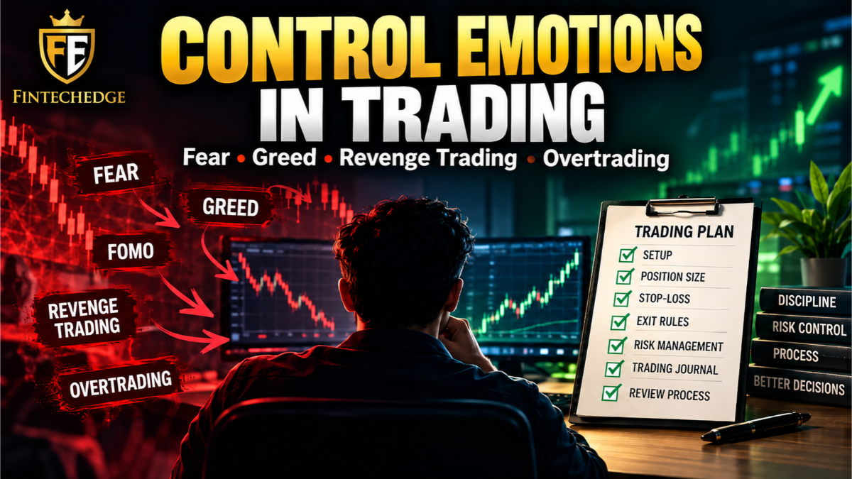 How to control emotions in trading showing fear, greed, revenge trading, overtrading and a disciplined trading plan