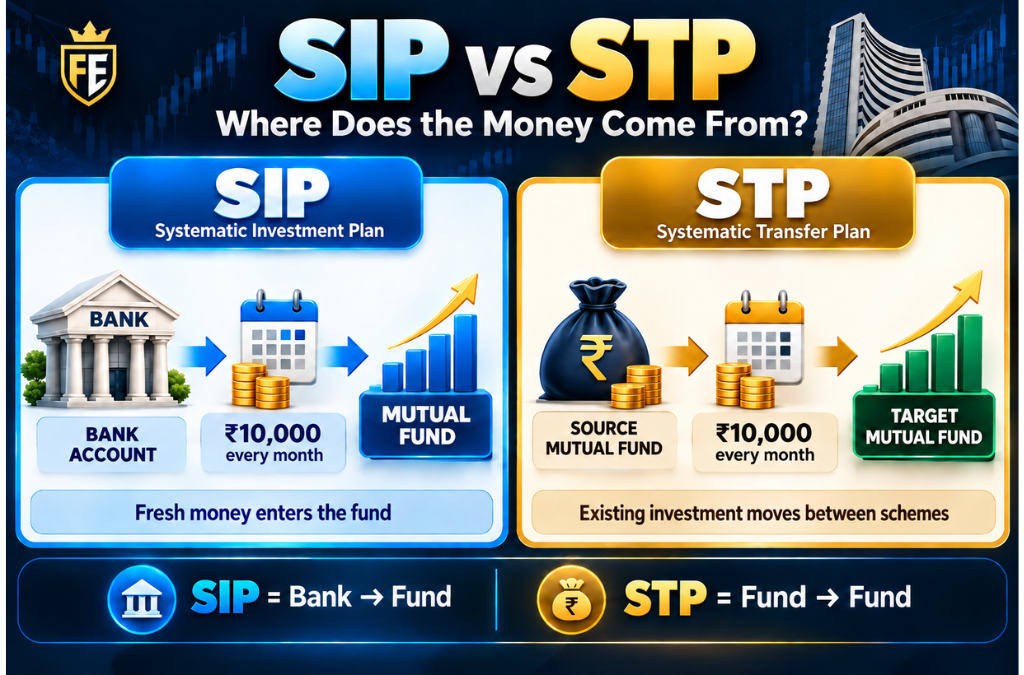 SIP vs STP infographic showing bank-to-fund SIP flow and fund-to-fund STP transfer flow