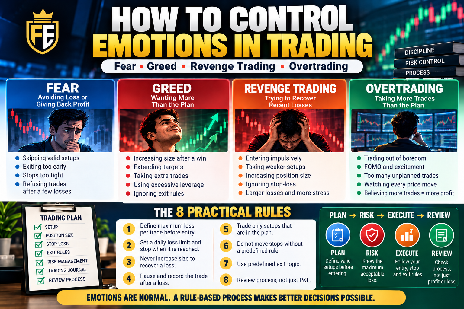 Trading psychology infographic showing fear, greed, revenge trading, overtrading and eight practical rules for discipline